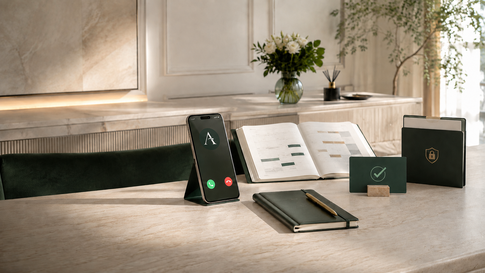 Reception elegante con telefono, agenda, conferme e documenti protetti: una sintesi visiva dei servizi Affinitell.